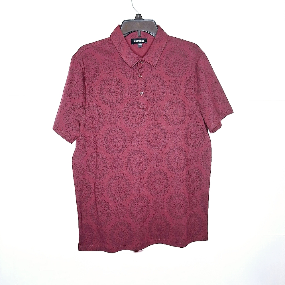 Express brand "Printed  in Burgdeny" button-down golf tee-shirt size large.
